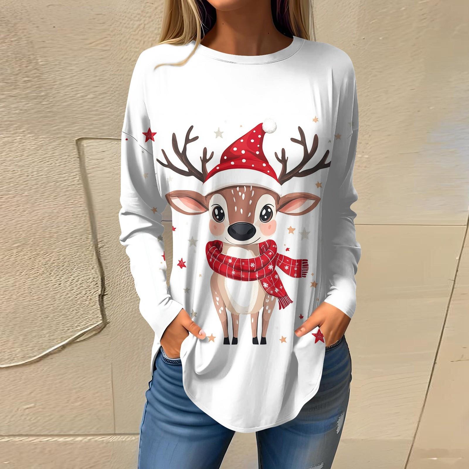

Футболки для женщин, повседневные рубашки с длинным рукавом, толстовка с винтажным графическим рождественским принтом, топ-пуловер XL белый