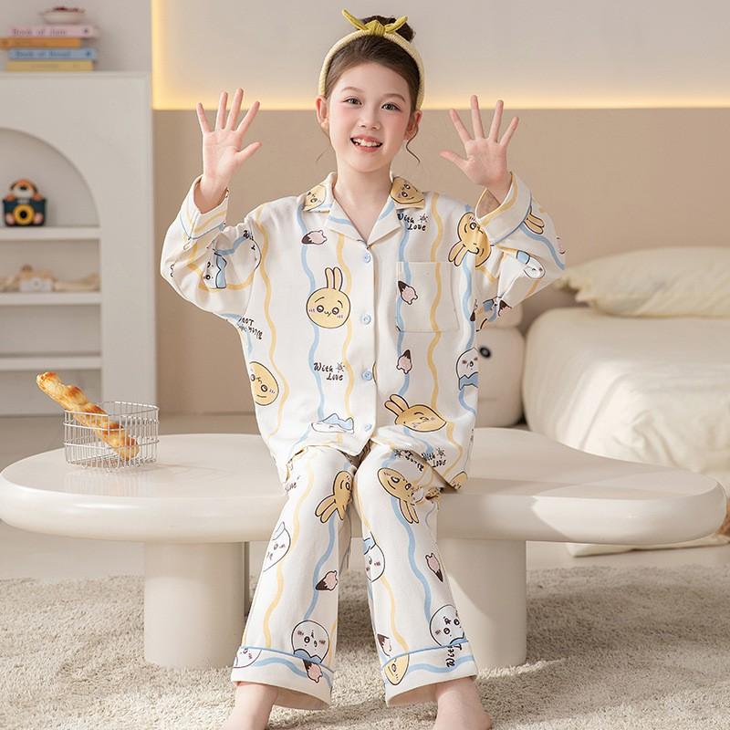 100% Cotton Girls Pajama Set Long Sleeve Cartoon Print Sleepwear Kids Teens Home Wear