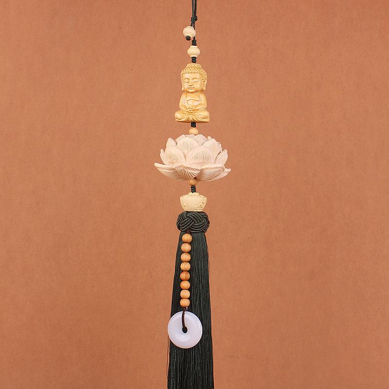 Handmade Boxwood Lotus Buddha Fu Figurines Pendants Car Ornaments Chinese Knot Style Window Decoration Home Decor Feng Shui Gift