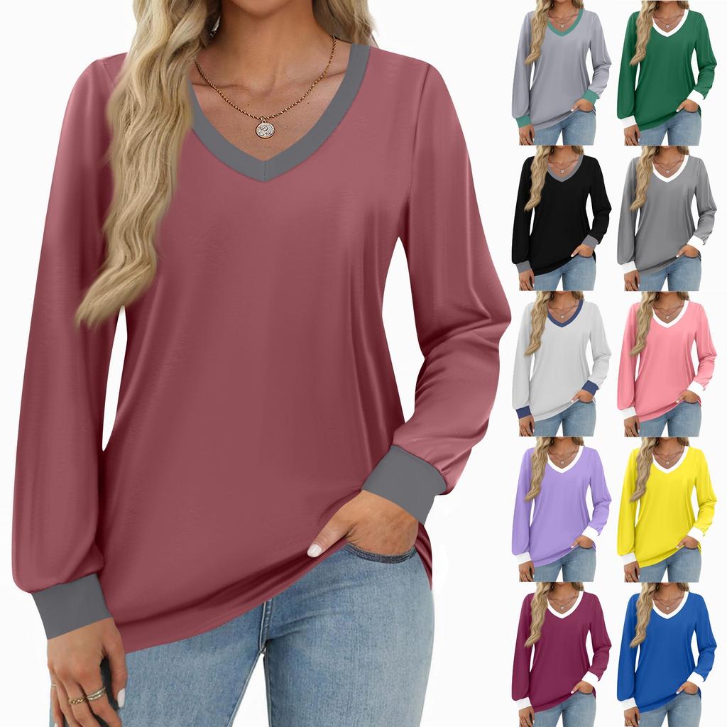 Women's Fashion Casual Long Sleeve Color Block Shirt Women's V-Neck Tops