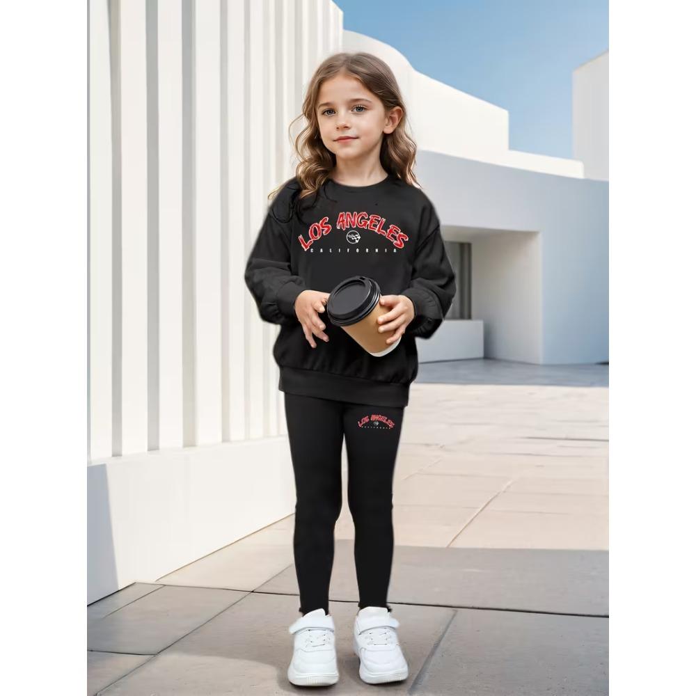 Girls' Letter Graphic Casual Comfortable Soft Loose Pullover Sweatshirt and Leggings 2-Piece Set, New Autumn/Winter, Playful, Sweet and Cool Style