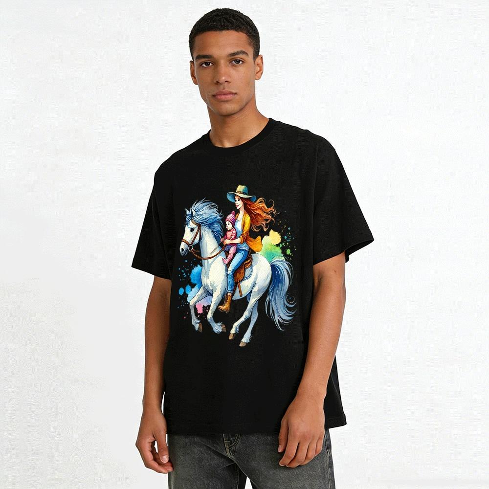 Watercolor Mother And Baby Horse Riding Casual Top Pure cotton T-shirt