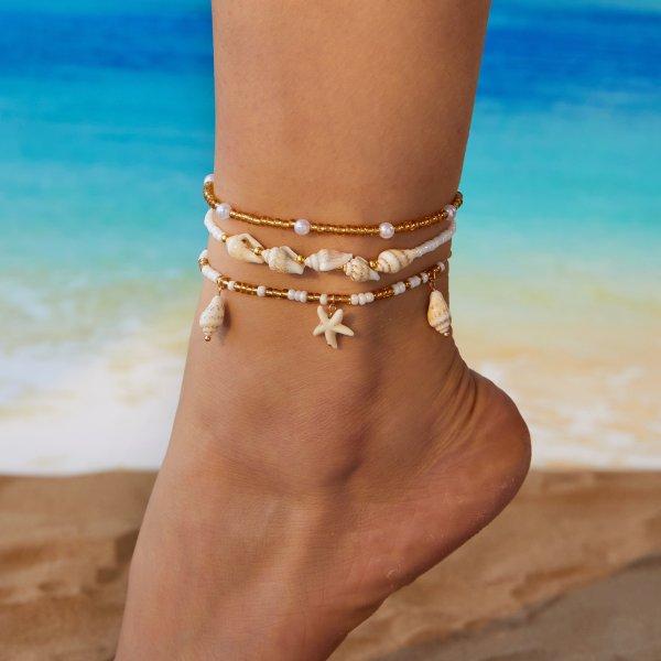Bransoletki na kostkę muszelki rozgwiazdy dla kobiet bohemska bransoletka na kostkę na nogę koraliki ryżowe bransoletka ręcznie robiony łańcuszek na stopę biżuteria boho sandały prezent