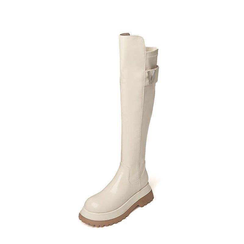 

5CM French niche muffin-bottom knight boots women s beige fashion high-heeled thick-soled high boots side zipper boots 40