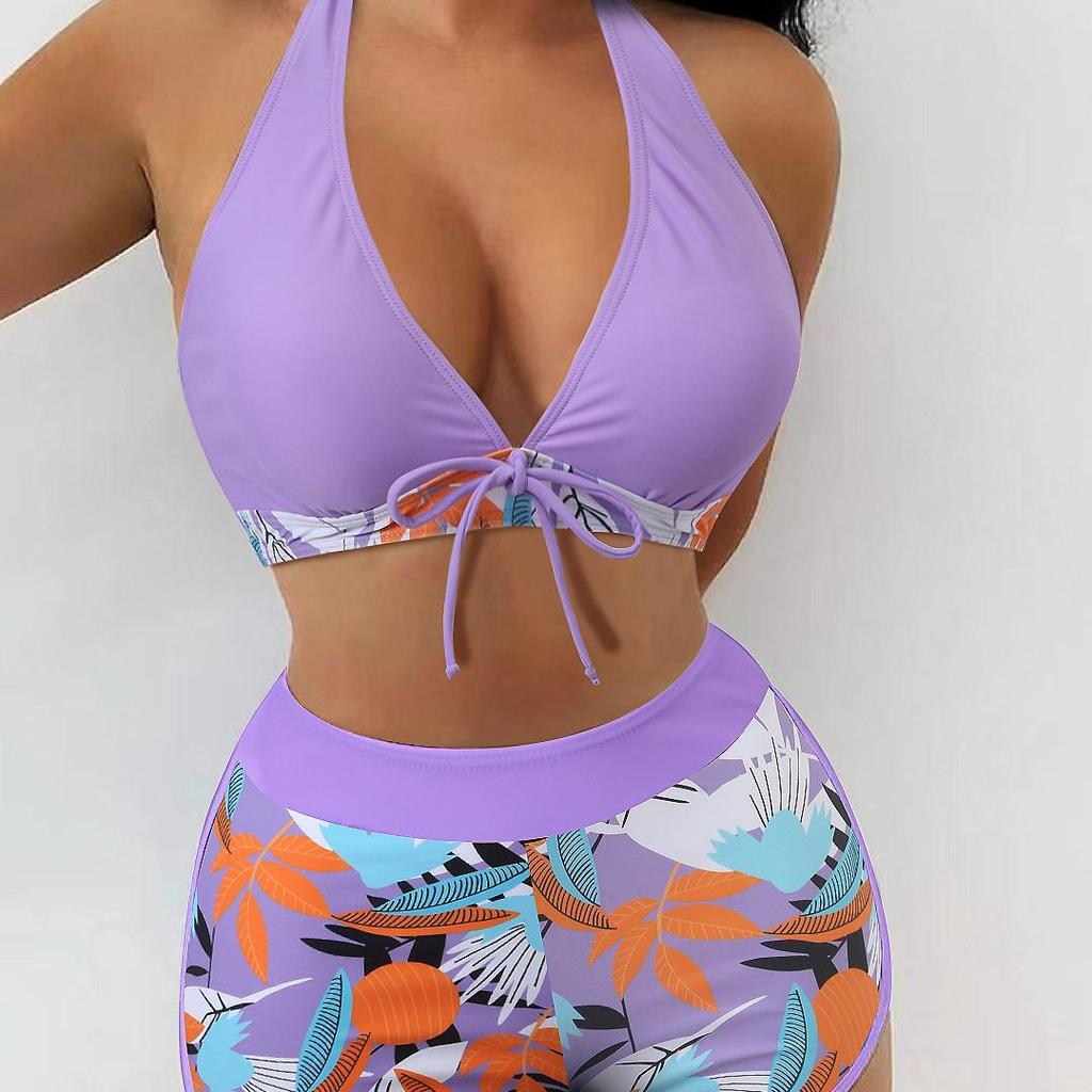 Maillot de bain bikini fendu à imprimé multicolore pour femme avec cordon de serrage et coupe plate sur les jambes