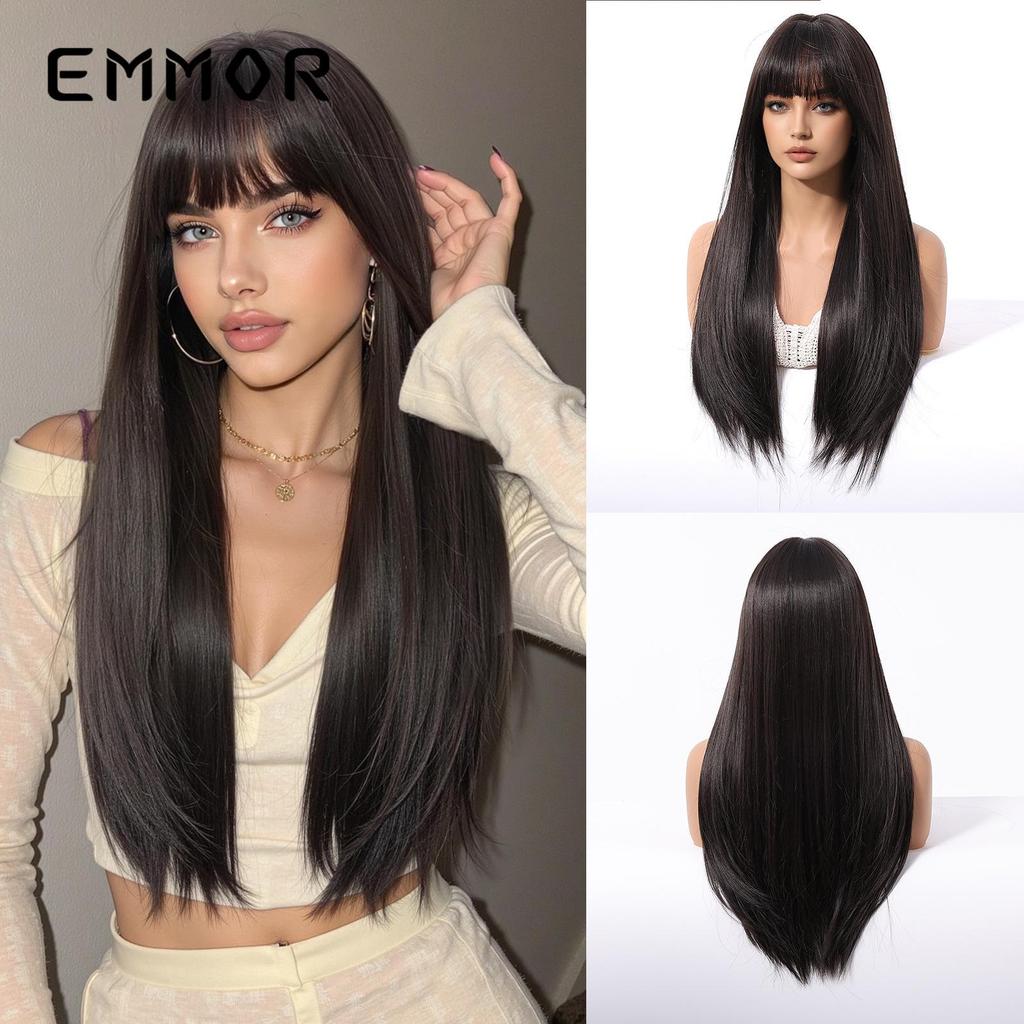 European Style Champagne Brown Long Straight Hair Wig with Bangs