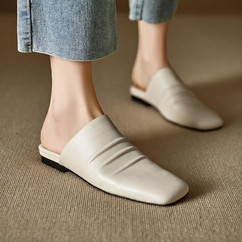 Fashion 2025 NEW Summer Women Mules Genuine Leather Women Shoes Cover Toe Shoes Squared Toe Low Heel Sandals Pleated Modern Slippers