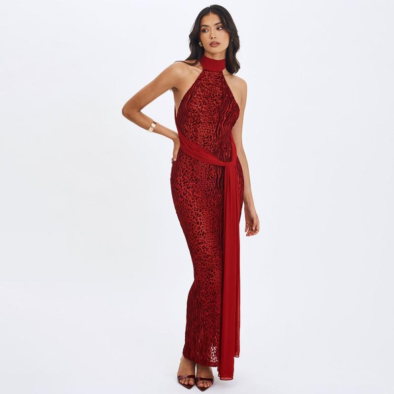 Womens Halter Backless Printed Maxi Dress Sexy Slim Fit Split With Ribbon Streetwear