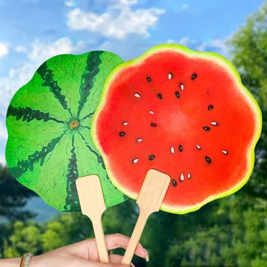 1/2Pcs Watermelon Fan with Wooden Long Handle, Lightweight Decorative Round Hand Fan, Outdoor Portable Summer Cooling Fan