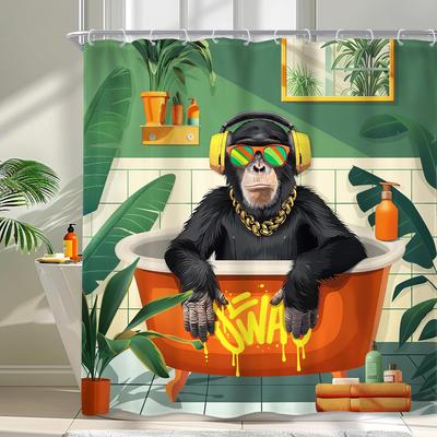 Funny Monkey Shower Curtain 72Wx72H Inch Tropical Palm Leaves Animal Bathing In Bathtub Modern Cool Shower Curtain Bathroom Set