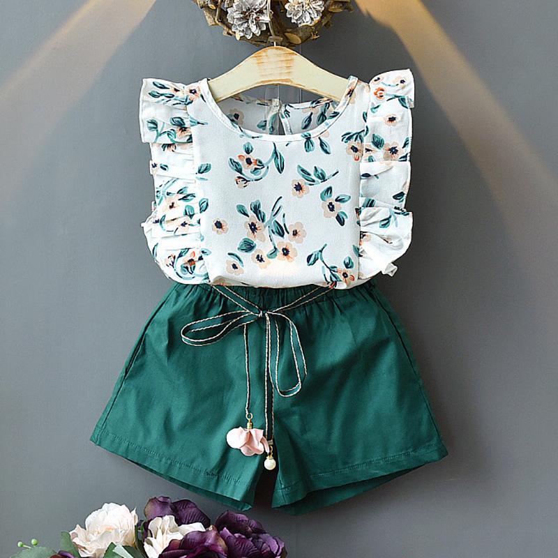 Girls Clothing Ruffle Sleeveless T-shirt+Skirt 2PCS Sets Baby Girls Clothes Chiffon Flower Print Toddler Outfits Children
