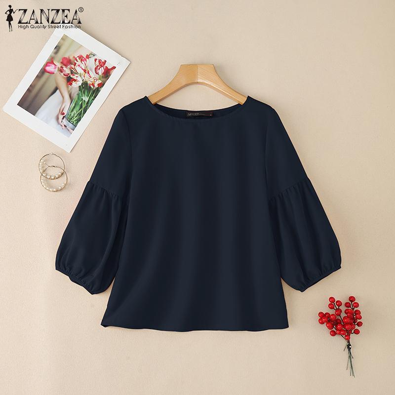 ZANZEA Women Summer Round Neck Loose 3/4 Sleeve Plain Blouse