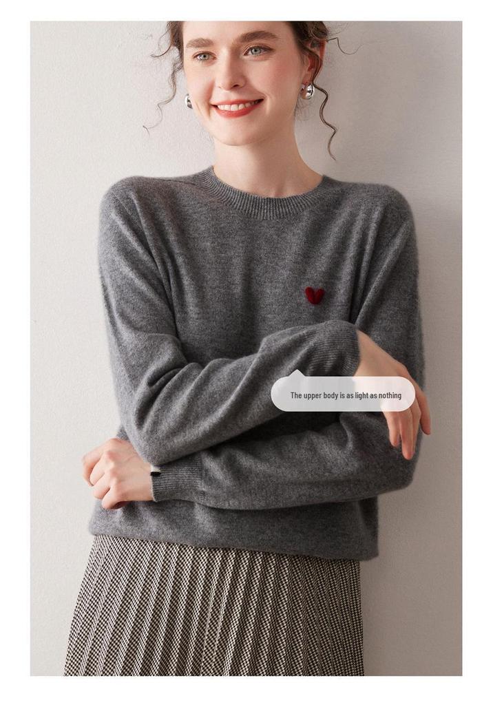 Women's 2025 Round Neck Embroidered Heart Cashmere Sweater - Gentle, Fashionable & Versatile