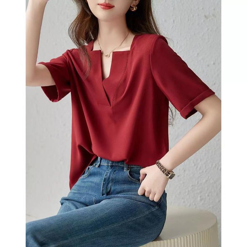 

Летняя женская блузка свободного кроя с короткими рукавами и v-образным вырезом XL винный