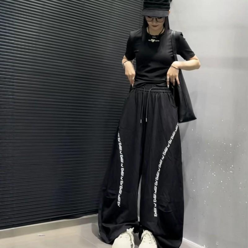 Womens Casual Pants 2026 Fox Letter Print Drawstring Waist Loose Trousers Streetwear