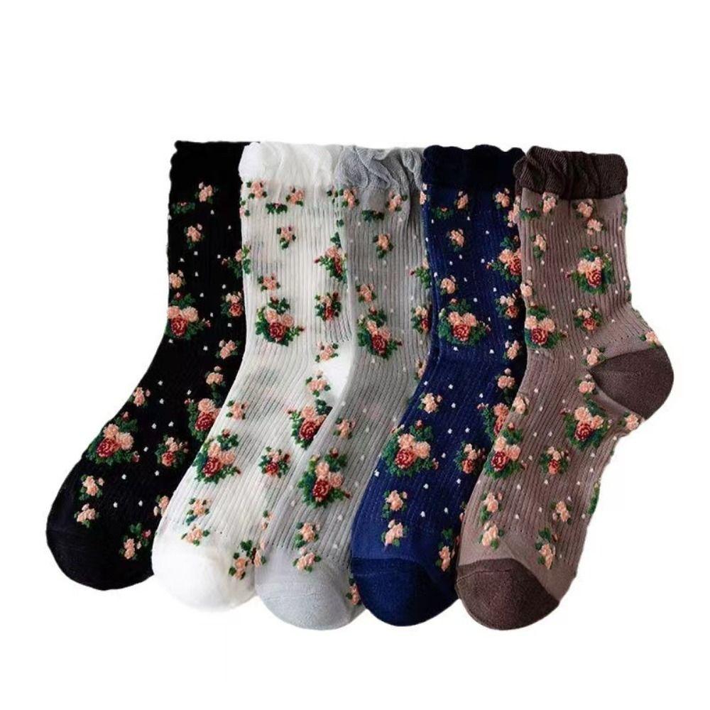 

Anti-Friction Foot Floral Embroidery Socks Ruffle Vintage Socks Women Spring/Summer 5 Pairs