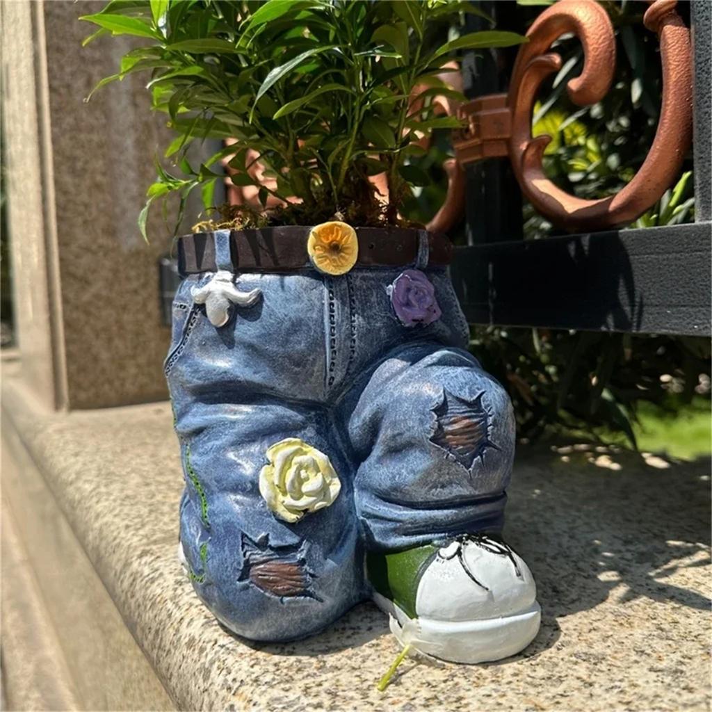 1Pc Jeans Pants Shaped Flowerpot Resin Statue Succulent Pot Plant Flower Planter for Indoor Garden Yard Lawn Porch Patio Outdoor