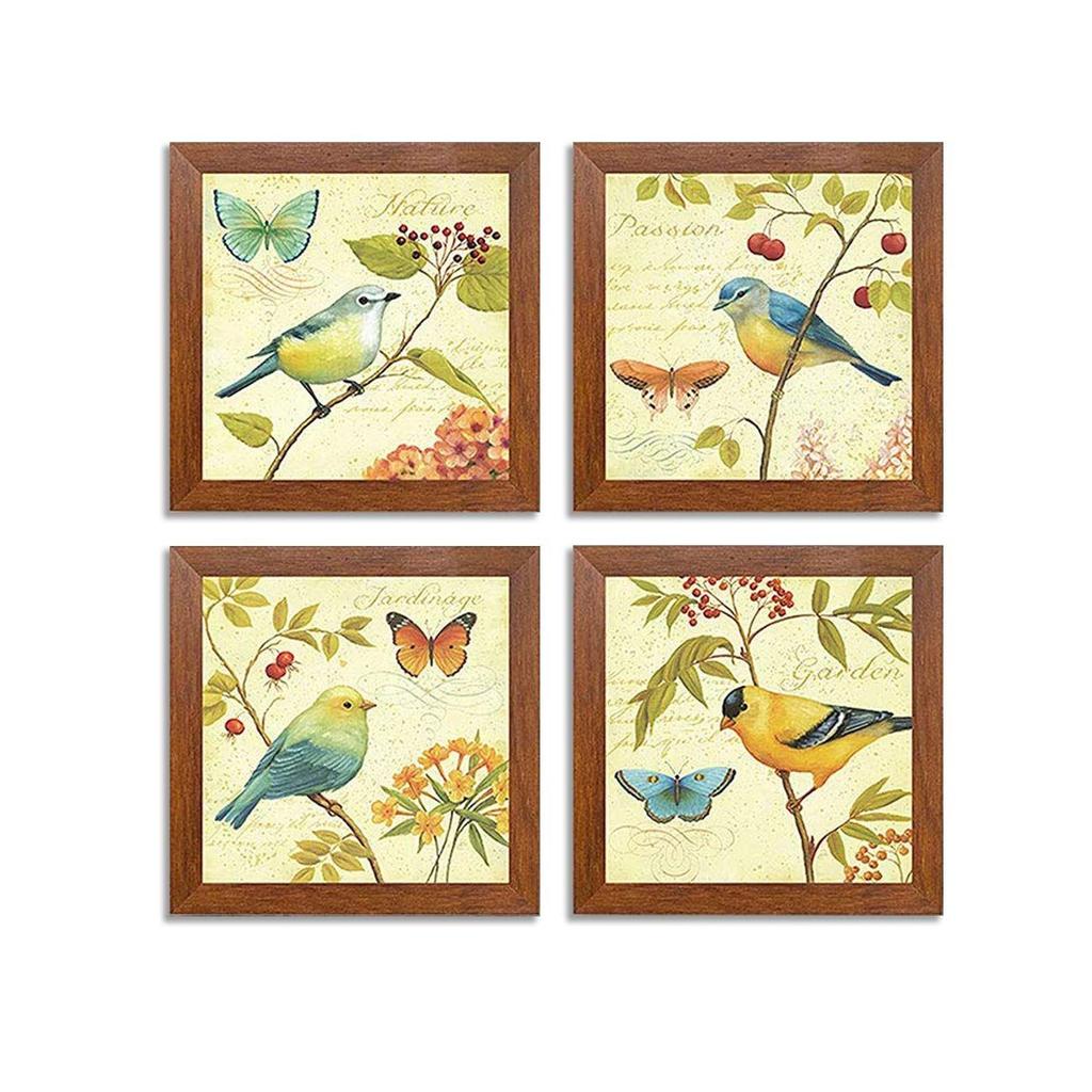 Jardin Bird Framed Painting/Posters for Room Decoration, Set of 4 Brown Frame Art Prints/Posters for Living Room (4 Unit, 9 X 9 Inches)