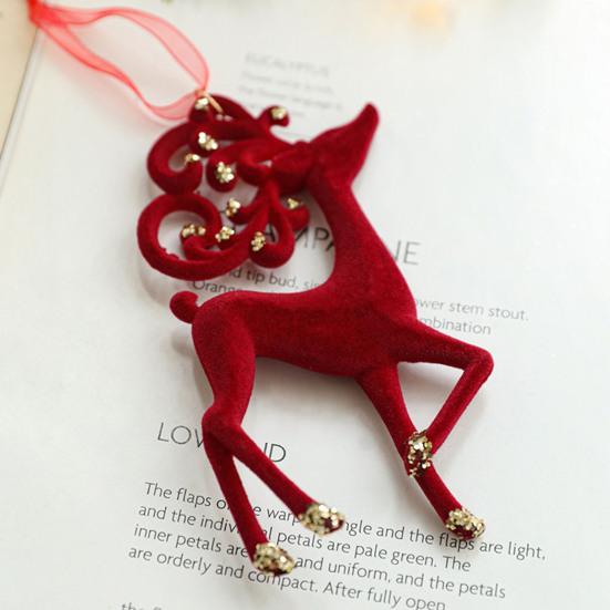 Christmas Ornaments Red Flocking Bell Wreath Snowfall Elk Pendant Snowy Winter Decor for Tree Hanging