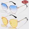 2pcs Women Metal Large Cat Eye Sunglasses Fashion Female Gradient Color Sun Glasses Outdoor UV Protection Design Eyeglasses