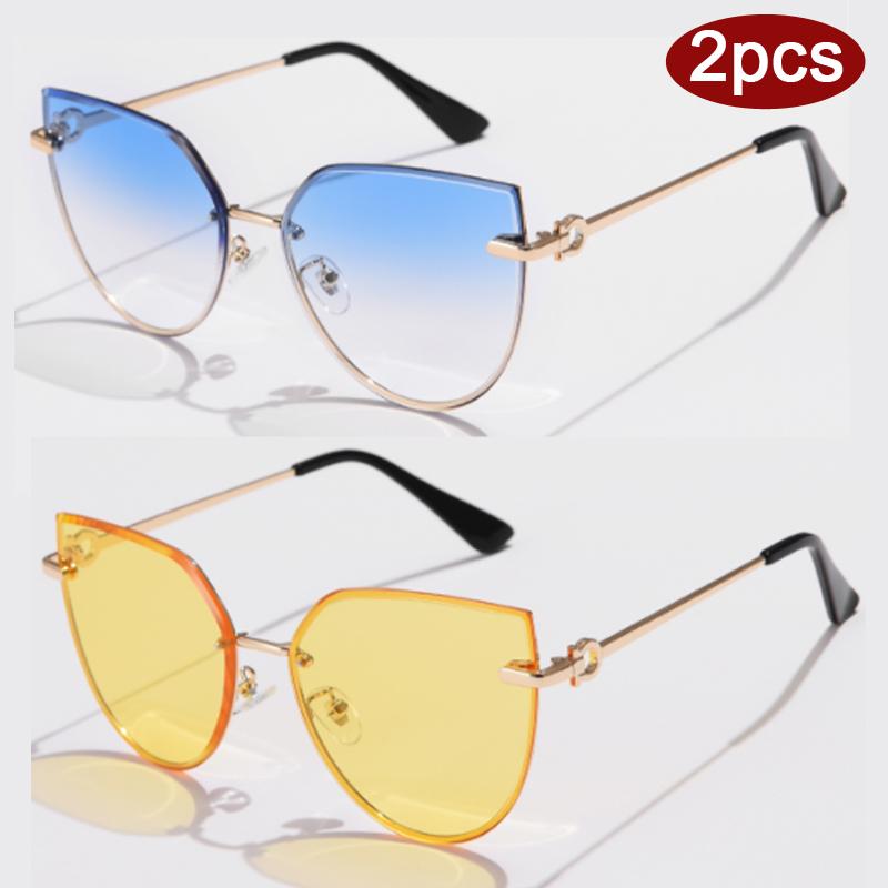 2pcs Women Metal Large Cat Eye Sunglasses Fashion Female Gradient Color Sun Glasses Outdoor UV Protection Design Eyeglasses