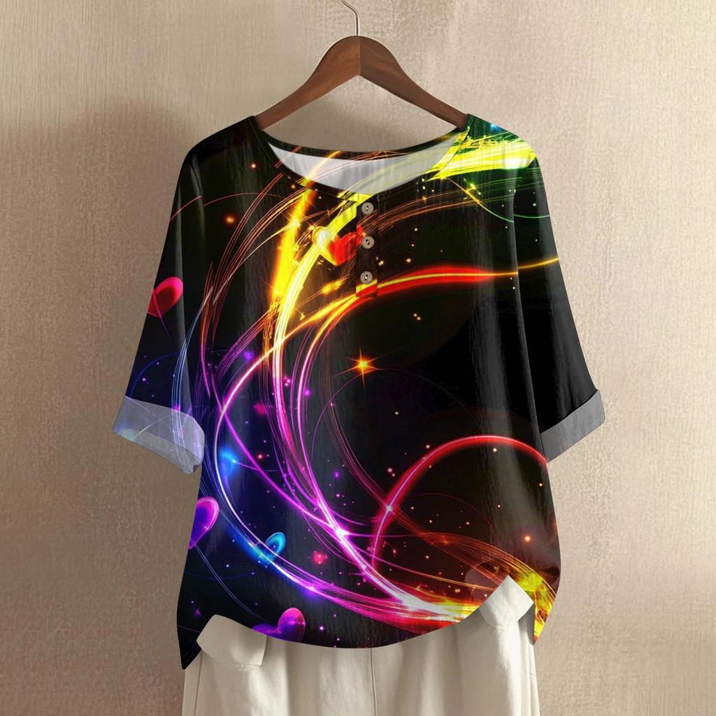 Damska casualowa i wygodna bawełniano-lniana bluzka z okrągłym dekoltem, średniej długości, z modnym nadrukiem