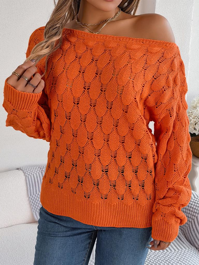 Herbst Winter Lässig Hohl Ein-Schulter Laternenärmel Strickpullover Damenbekleidung