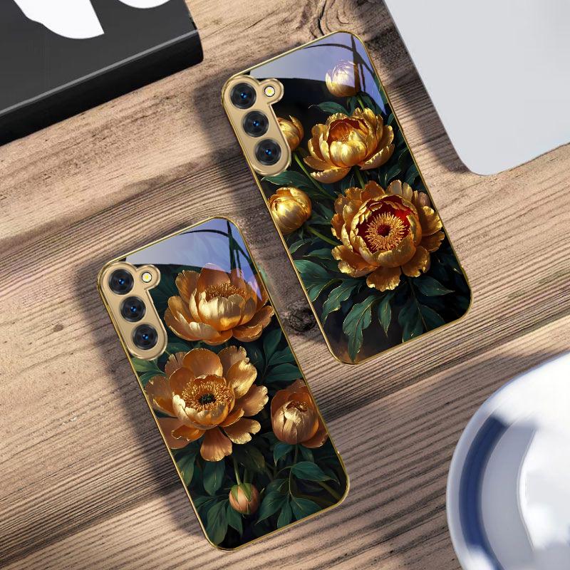 Prosperous Golden Peony For Samsung Galaxy S20 FE S21 S22 S23 Plus S24 Ultra 25Ultra S21+ S9+ S22Plus Golden Glass Phone Case