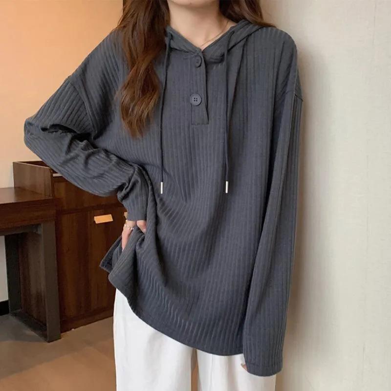 Plus Size T-skjorte Kvinner Hette Høst Kvinner Liten knapp V-hals Langermet bunnskjorte Hundre Loose Casual Topper