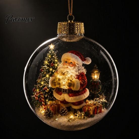 Illuminated Hanging Spheres Lighted Christmas Ornament with Warm LED Lights, Retro Metal Cap Decorative Decor for Tree Transparent Ball Holiday