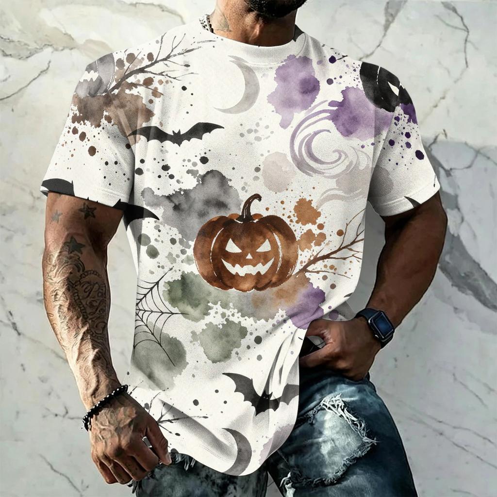 Men's Halloween Vintage Short Sleeve T Shirt Loose Breathable Summer Sports Street Casual Everyday Top with Pumpkin and Bat Print