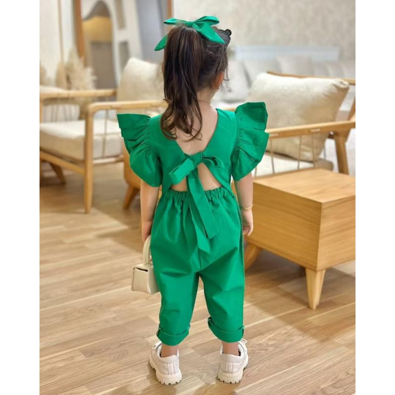 New Children'S Clothing: Baby Solid Color Cotton-Linen Jumpsuit With Ruffle Sleeves
