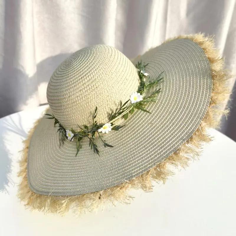 WTEMPO Solid Color Elegant Flowers Sun Hats Women Spring Summer Wide Brim Outdoor Breathable Foldable Beach Sunscreen Hats