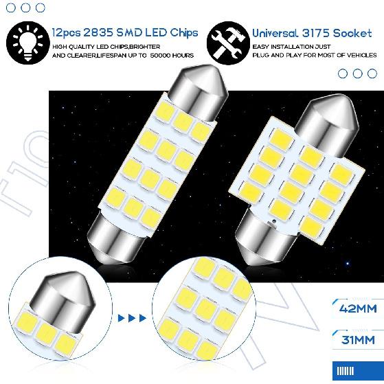 Tallew 24 Pieces Dome Light LED Car Bulb Kit Set T10 31 mm 42 mm LED Festoon Bulbs Interior Replacement for Car Map Door Courtesy(White)
