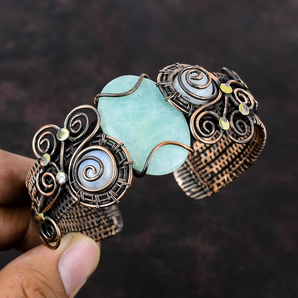 Amazonite Gemstone Cuff Bracelet Copper Wire Wrapped Cuff Rainbow Moonstone Bangle Adjustable Cuff Bracelet Handmade Jewelry Gift For Women