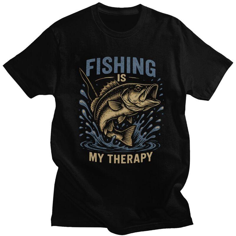 Fishing Is My Therapy T Shirt Men Short Sleeve Angler Fishman Lover Tshirts Casual Tee Tops For Husband Father Oversized Tshirt