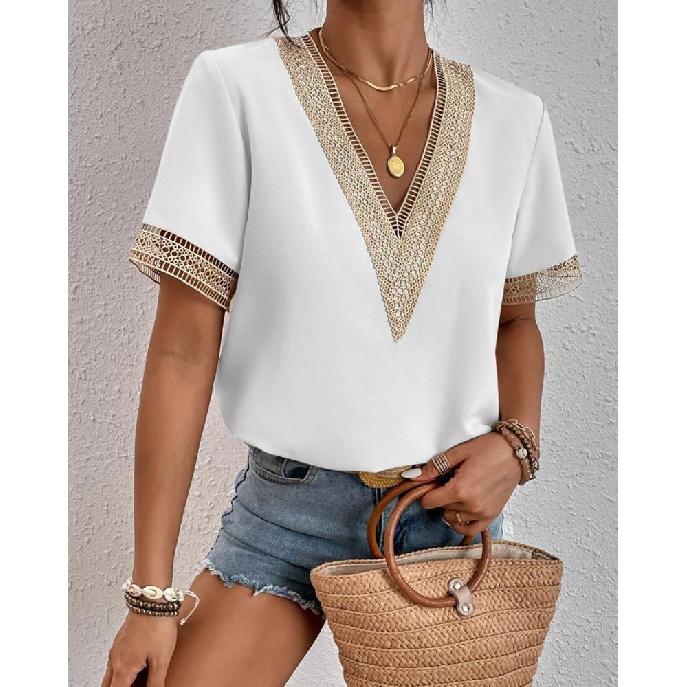 2026 New Style Lace Trim Short Sleeve Chiffon Blouse for Women S белый