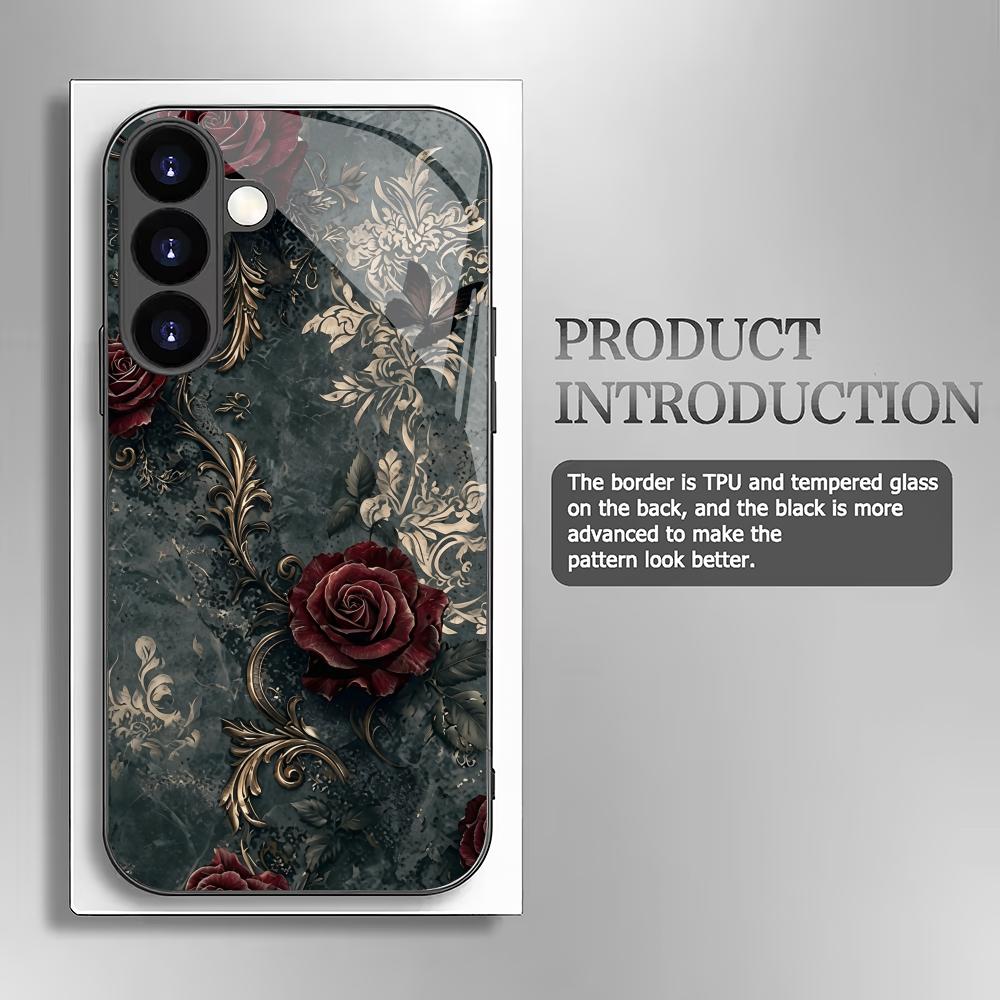 Retro Black Rose Tempered Glass Phone Case Suitable for Samsung Galaxy S26 S25 S24 S23 S22 S21 S20 FE/Ultra/Plus Anti Drop
