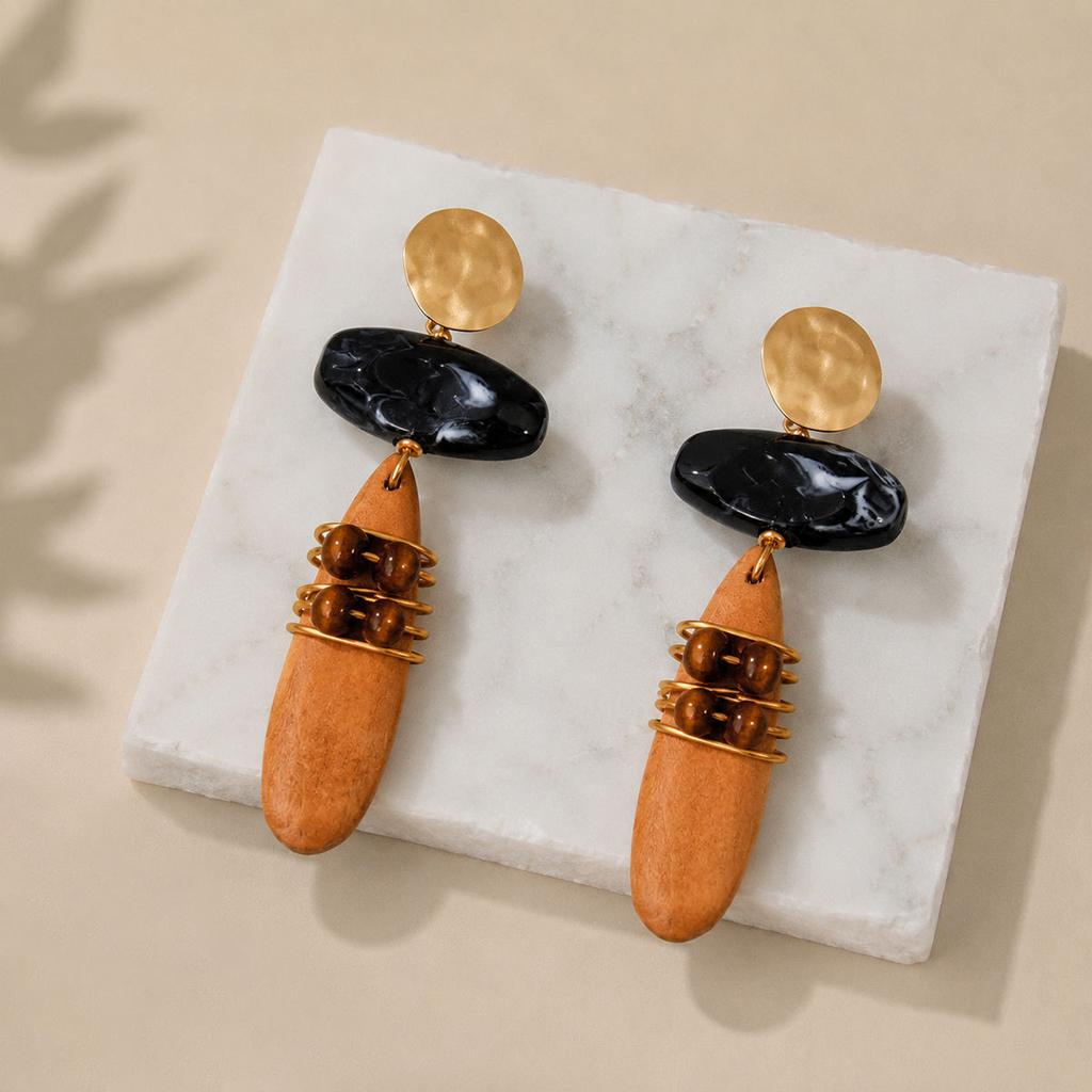 Explosive European and American Cross-border Jewelry Maillard Vintage Wooden Earrings Light Luxury Niche High-end Sense