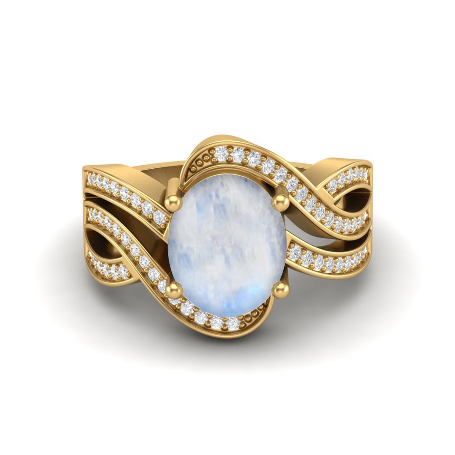 

10x8MM Oval Shape Moonstone 925 Sterling Silver Gold Vemreil Women Solitaire Wedding Ring 11