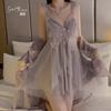 Sexy Low-cut Gathering Butterfly Cup Plus Chest Pad Suspender Nightdress Robe Women's Large-size Loungewear Set