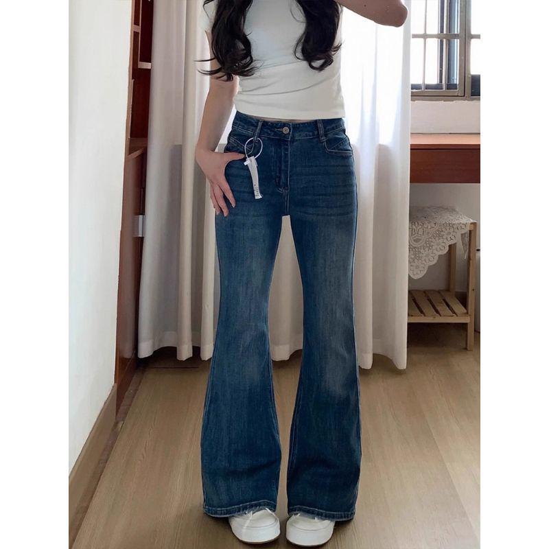 Retro Blue High Waist Micro-Flare Jeans for Women - Plus Size, Slimming, and Elastic Fit for Autumn