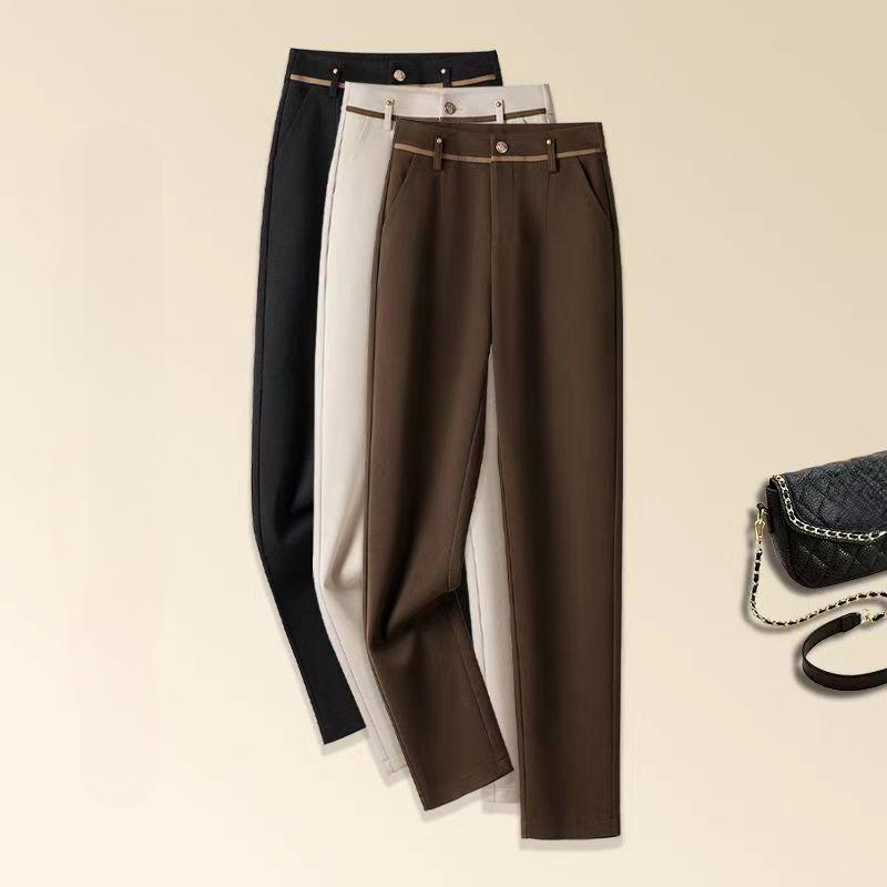 Luxurious Apricot Woolen Trousers for Women: Elegant High Waist, Skinny Cigarette-style Cut, Perfect for Autumn and Spring Seasons