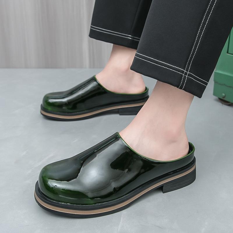 Summer half slippers men's one-foot platform leather shoes glossy patent leather Korean version trendy big-headed Boken slippers