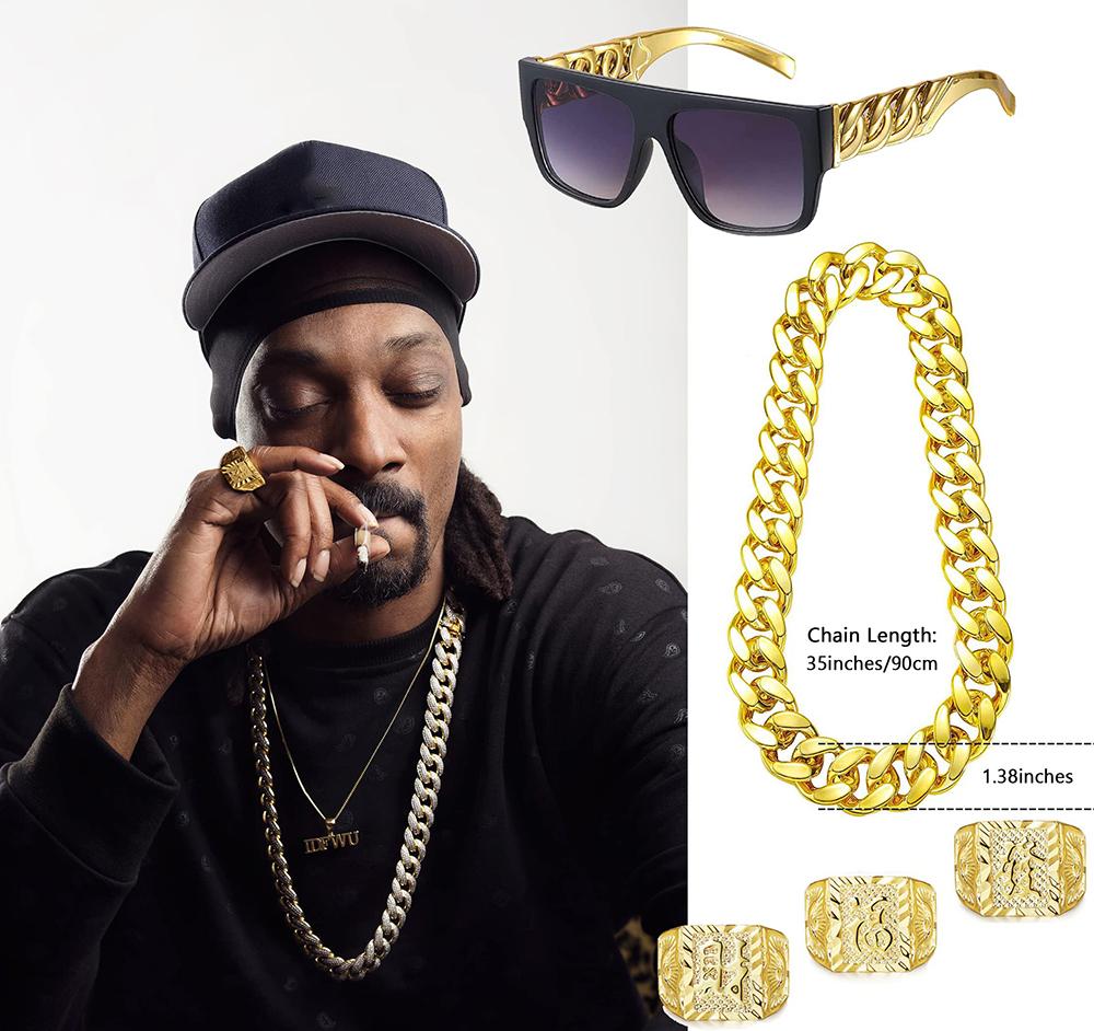 Jardme 80s 90s Hip Hop Jewelry Set for Men Costume Kit Old School Rapper Golden Rope Chain Bracelet Dollar Sign Chain Jewelry
