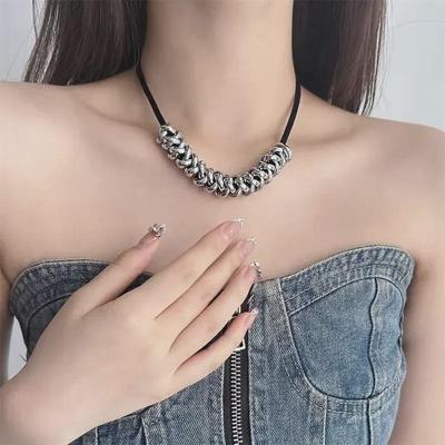 Sleek Black Rope Silver Ring Necklace - Chic and Modern Fashion Accessory for Women