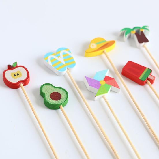 100PCS Disposable Cocktails Picks, Natural Bamboo Stick, with Beach Fruits Palm Trees Decoration, Fruit Picks for Parties And Picnic Plating