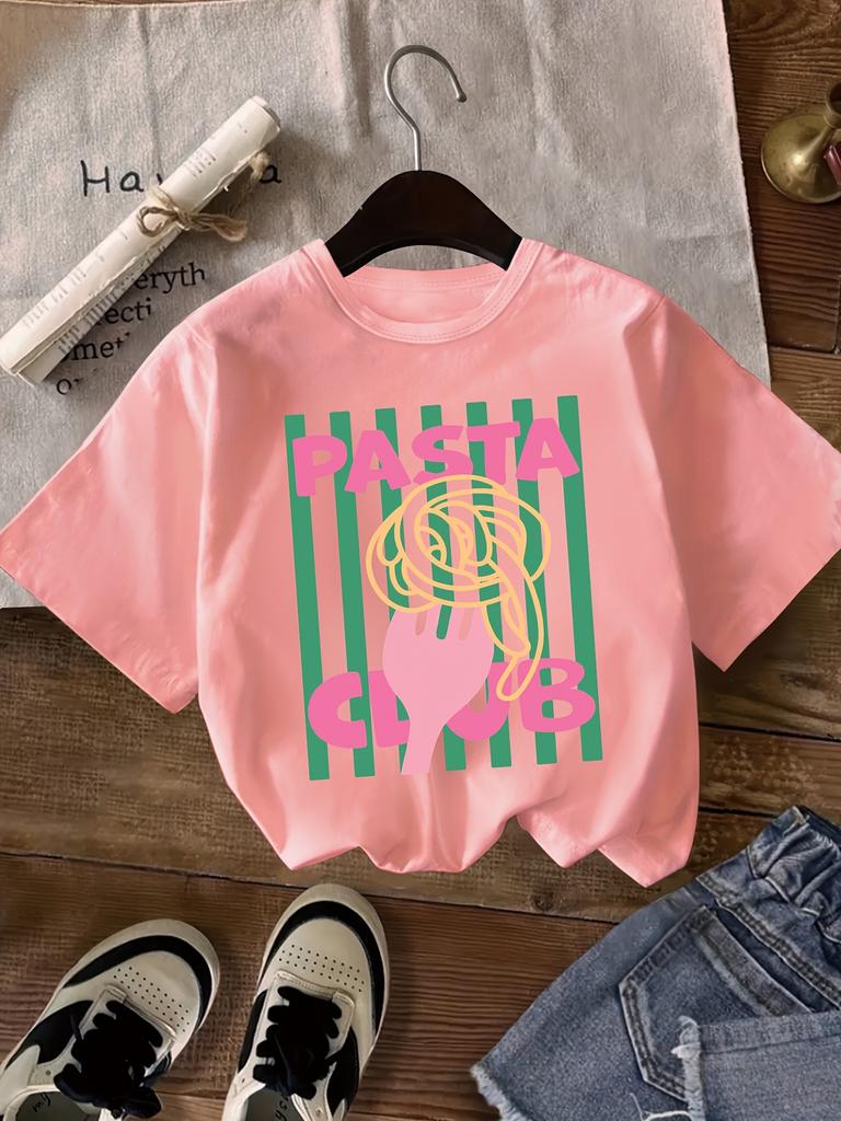 Design Food Print Round Neck Top Fun Letter Print Breathable Short Sleeves Suitable for Outdoor Shopping Leisure Activities