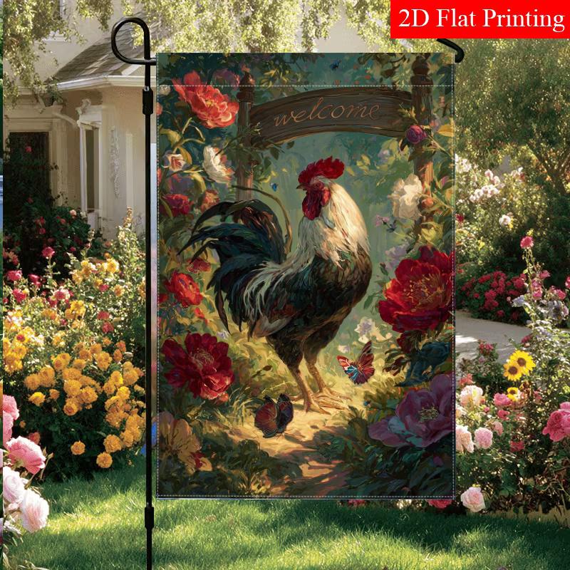 1pc Welcome Spring and Summer Rooster Farm Animals Chrysanthemum Garden Flag_4 (1)- Outdoor Garden Flag Double-sided Home Decoration Courtyard Decorat