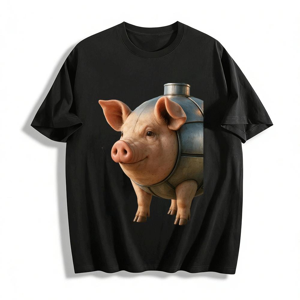 Creative Mechanical Pig Print Casual Short Sleeve Top Pure cotton T-shirt XXS